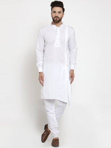 White Kurta with Churidar Pajama Set in Linen For Men by Treemoda