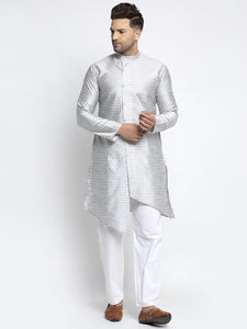 Embellished Brocade Light Grey Kurta With Aligarh Pajama Set For Men By Treemoda
