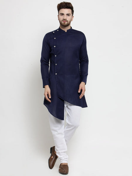 Designer Blue Linen Kurta With Chudidar Pajama For Men By Treemoda