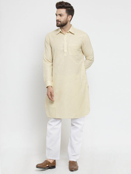 Designer Beige Pathani Lenin Kurta with White Aligarh Pajama by TREEMODA