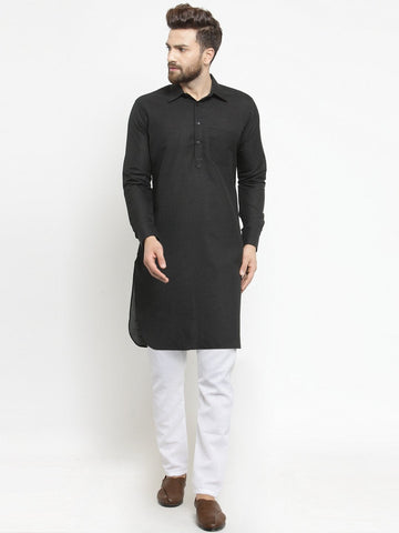 Designer Black Pathani Lenin Kurta with White Aligarh Pajama by TREEMODA