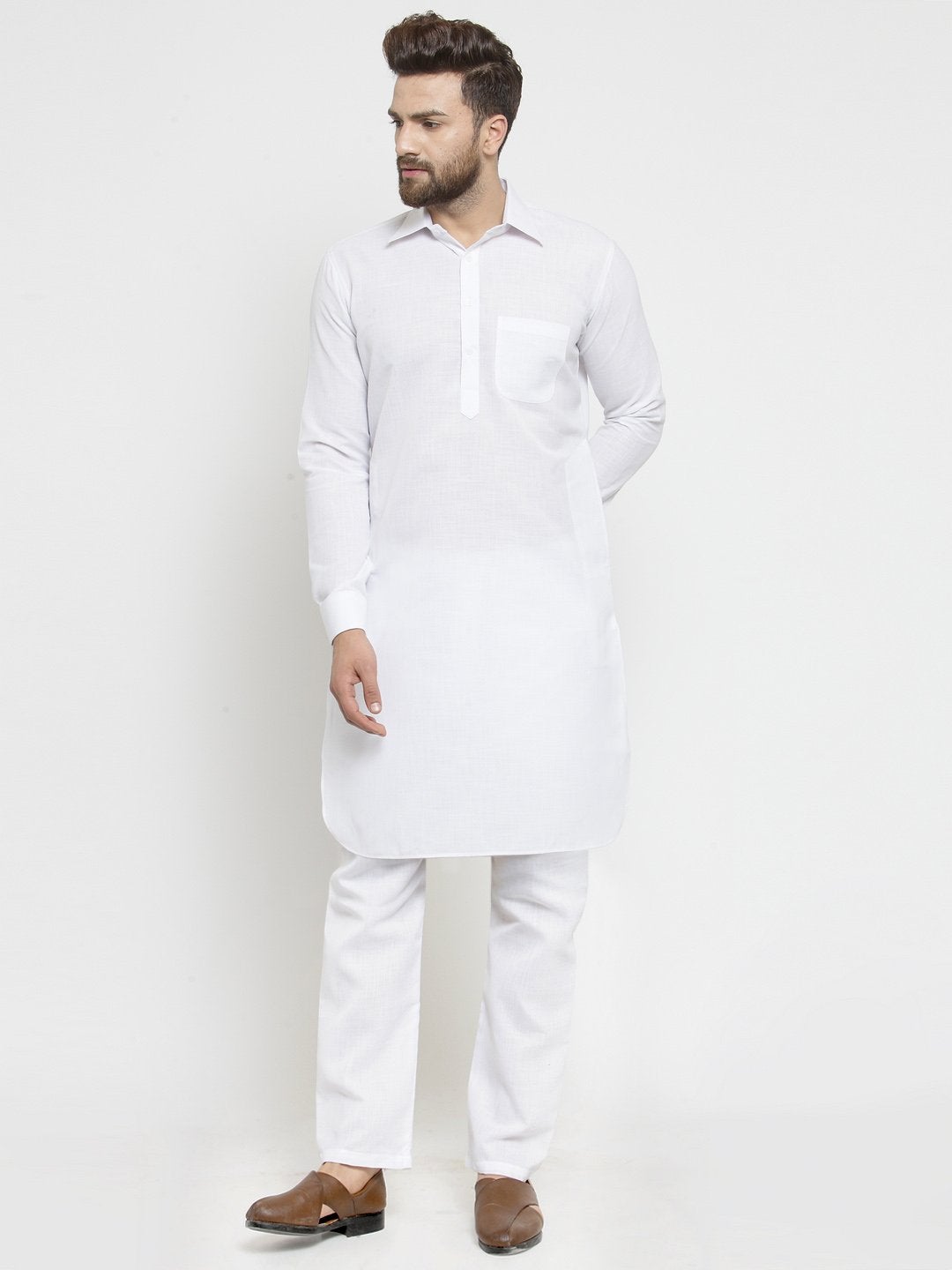 Designer White Pathani Lenin Kurta With Aligarh Pajama By Treemoda