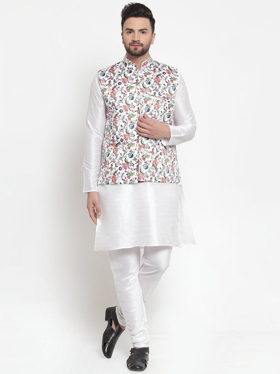 Ethnic Resham  Sequins Embroidered Kurta With Embroidered Pants  Whi