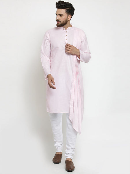 Pink Kurta With Churidar Pajama Set in Linen For Men by Treemoda