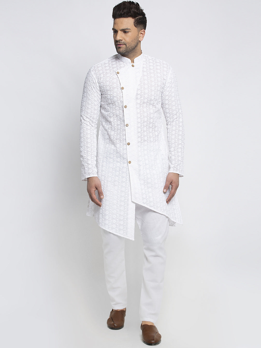 Designer Cotton Aligarh White Kurta Pajama Set For Men By Treemoda