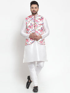 Treemoda Men's White Kurta Matching Pants With Ethnic Nehru Jacket