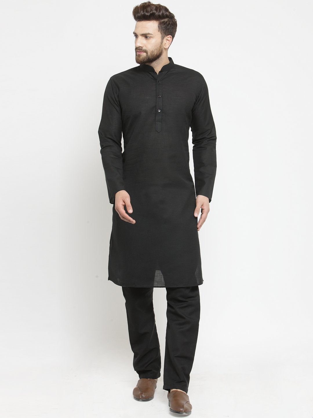 Plain Linen Kurta With Black Aligarh Pajama Set in Black