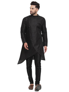 Designer Brocade Cotton Silk Black Kurta With Churidar Pajama Set For Men by Treemoda