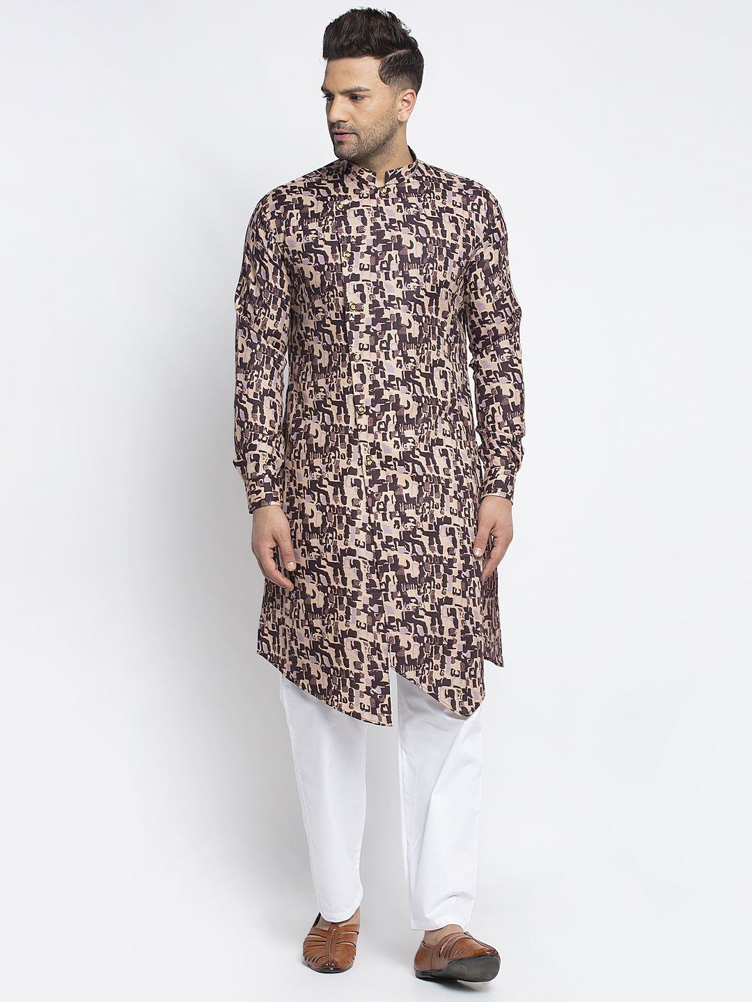 Designer Cotton Brown Block Printed Kurta With Aligarh Pajama Set For Men By Treemoda