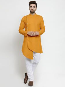 Designer Mustard Yellow Linen Kurta With White Aligarh Pajama For Men By Treemoda