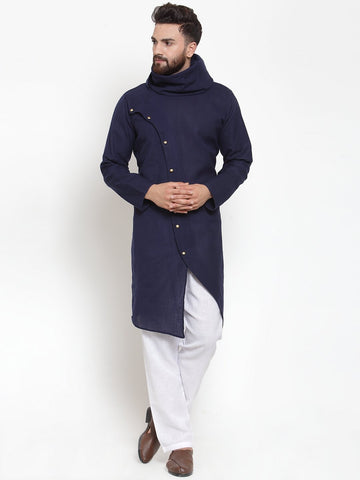 Navy Blue Kurta With Aligarh Pajama in Linen For Men by Treemoda