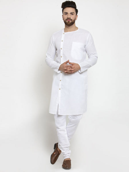White Kurta With Churidar Pajama Set in Linen for men by Treemoda