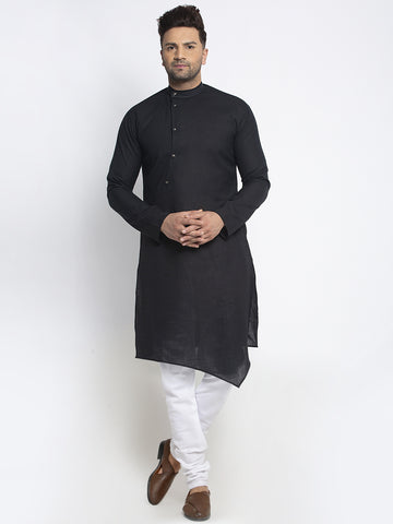 Designer Black Linen Kurta With White Churidar Pajama Set For Men By Treemoda