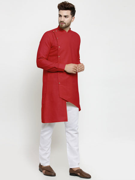 Designer Red Linen Kurta With White Aligarh Pajama For Men By Treemoda