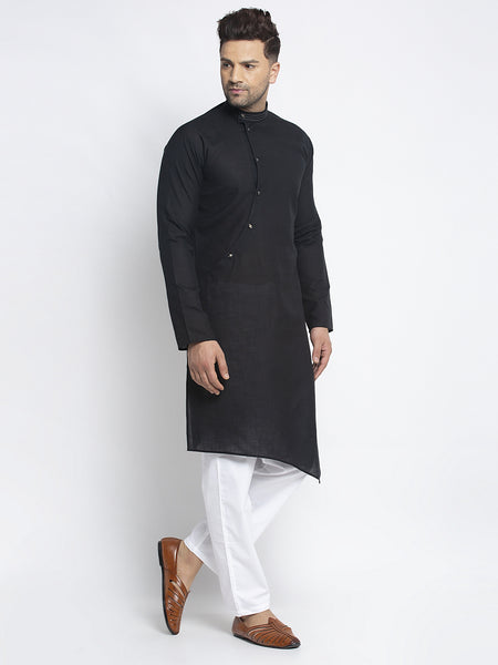 Designer Black Linen Kurta With White Aligarh Pajama Set For Men By Treemoda