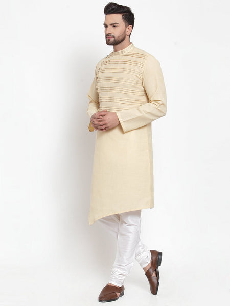 Designer Beige Kurta With Churidar Pajama Set in Linen For Men by Treemoda
