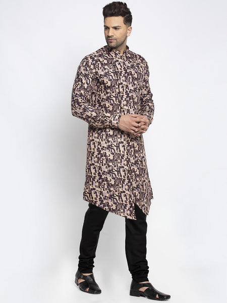 Designer Cotton Brown Block Printed Kurta With Churidar Pajama Set For Men By Treemoda