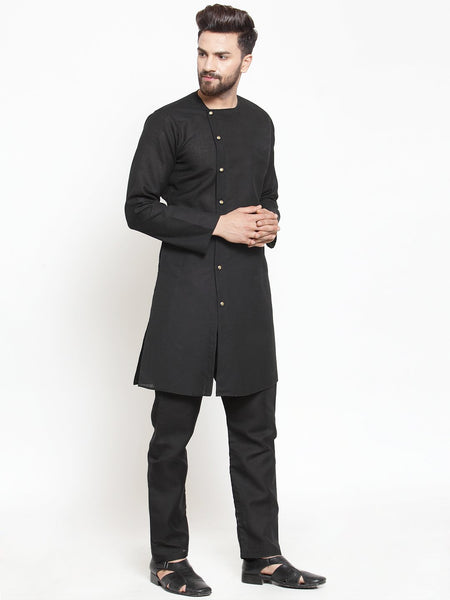Black Kurta With Aligarh Pajama Set in Linen  For Men by Treemoda