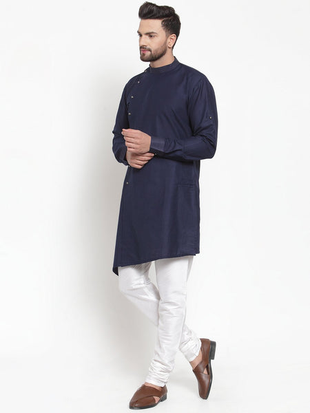 Designer Navy Blue Kurta With Churidar Set in Linen For Men by Treemoda