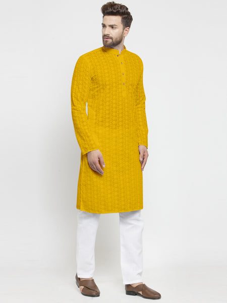 Mustard Yellow Chikankari Lucknowi Jaal Embroidered Kurta with Aligarh Pajama For Men  by Treemoda