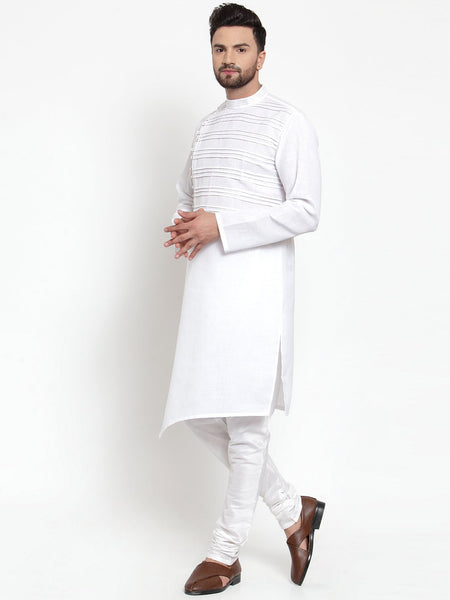 Designer White Kurta With Churidar Pajama Set in Linen For Men by Treemoda