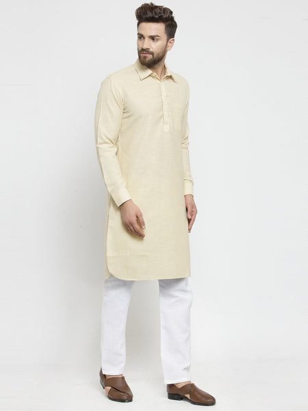 Designer Beige Pathani Lenin Kurta with White Aligarh Pajama by TREEMODA