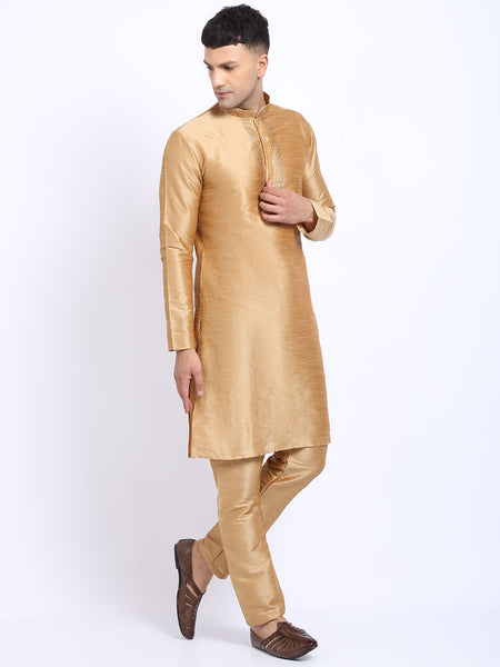 Embellished Golden Brocade Kurta with Aligarh Pajama by Treemoda