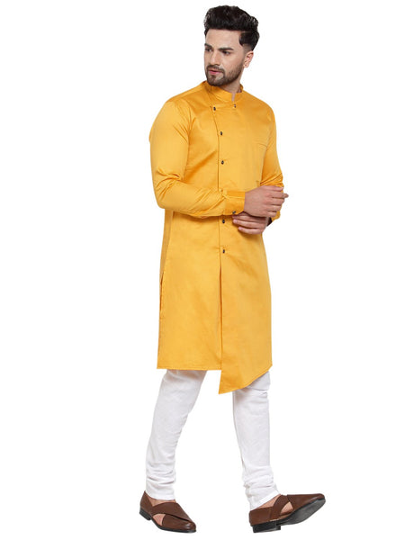 Designer Mustard Yellow Kurta With Churidar Pajama Set For Men By Treemoda