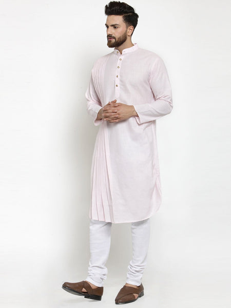 Designer Pink Linen Kurta With Churidar Pajama For Men By Treemoda