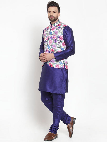 Treemoda Men's Dark Blue Kurta Matching Pants With Ethnic Nehru Jacket