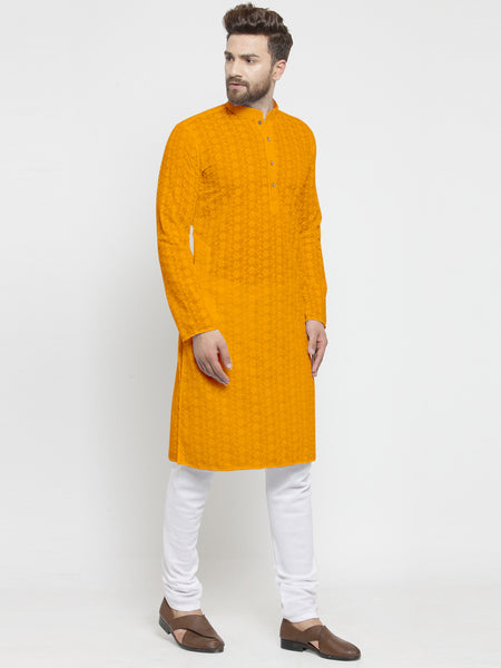 Mustard Yellow Cotton Chikankari Lucknowi Jaal Embroidered Kurta with Churidar Pajama For Men by Treemoda
