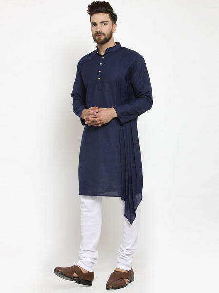Navy Blue Kurta With Churidar Pajama Set in Linen For Men by Treemoda