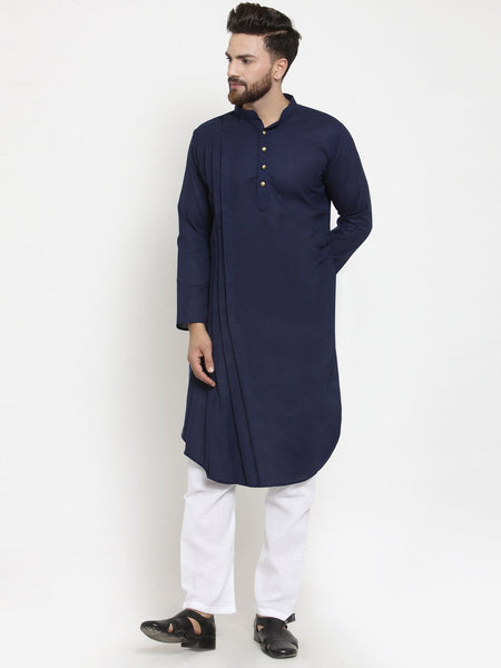 Designer Navy Blue Linen Kurta With Churidar Pajama For Men By Treemoda