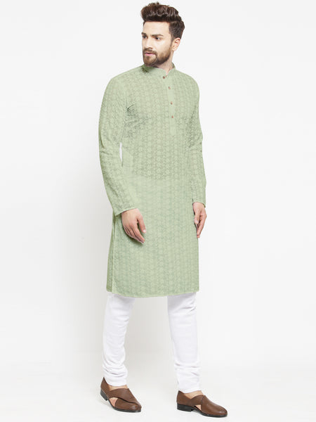 Pista Green Cotton Chikankari Lucknowi Jaal Embroidered Kurta with Churidar Pajama For Men by Treemoda