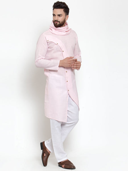 Pink Kurta With Aligarh Pajama in Linen For Men by Treemoda