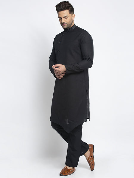 Designer Black Linen Kurta With Aligarh Pajama Set For Men By Treemoda