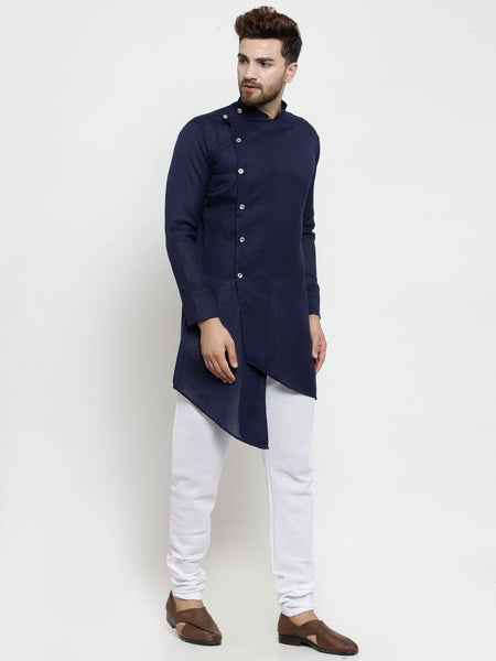 Designer Blue Linen Kurta With Chudidar Pajama For Men By Treemoda