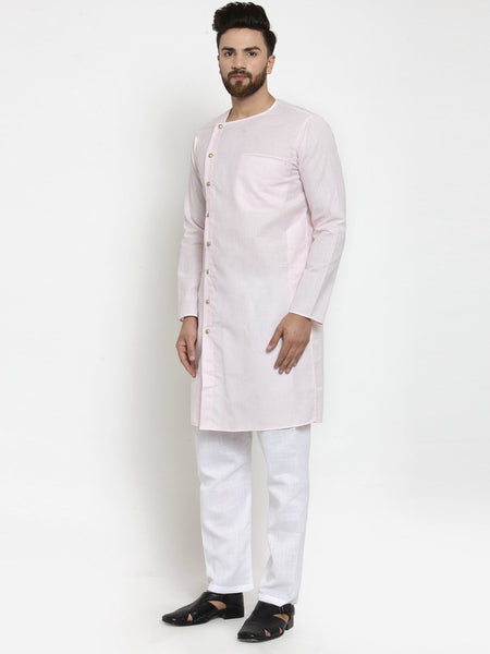 Designer Full Sleeve Pink Kurta With Aligarh Pajama Set in Linen For Men by Treemoda