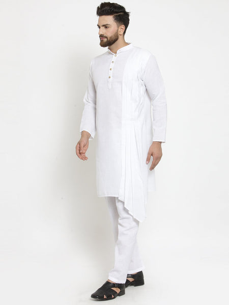 White Kurta With Aligarh Pajama Set in Linen For Men by Treemoda