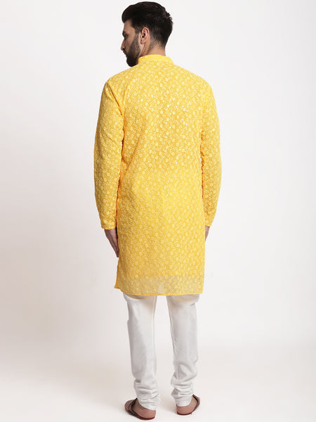 Yellow Chikankari Floral Embroidery Kurta With Churidar Pajama by Treemoda