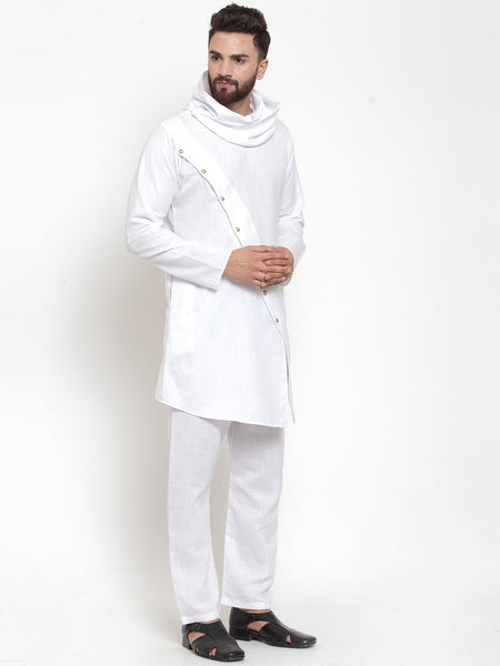 White Kurta With Aligarh Pajama in Linen For Men by Treemoda