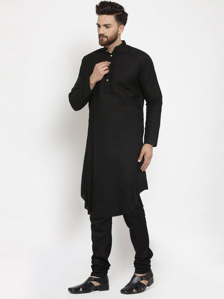 Designer Black Linen Kurta With Churidar Pajama For Men By Treemoda