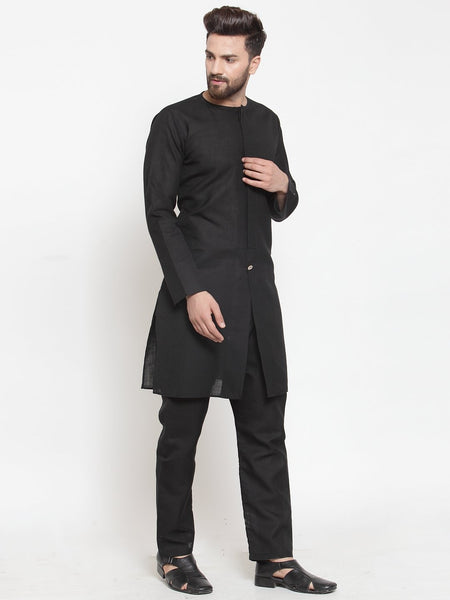 Black Kurta With Aligarh Pajama Set in Linen For Men by Treemoda