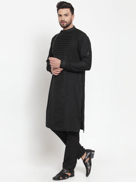 Designer Black Kurta With Aligarh Pajama Set in Linen For Men by Treemoda