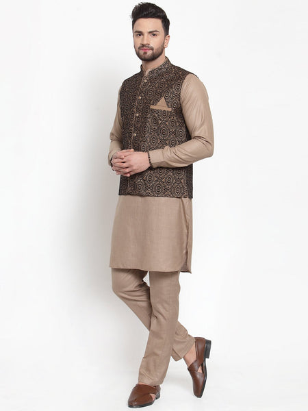 Treemoda Men's Coffee Kurta Matching Pants With Ethnic Nehru Jacket