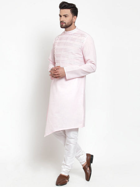 Designer Pink Kurta With Churidar Pajama in Linen For Men by Treemoda