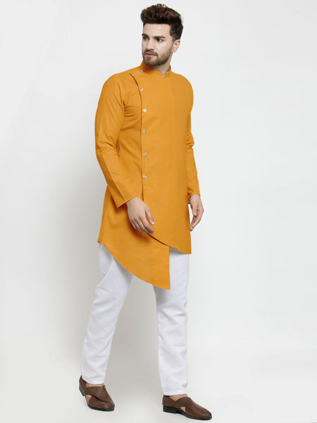 Designer Mustard Yellow Linen Kurta With White Aligarh Pajama For Men By Treemoda