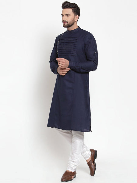 Designer Navy Blue Kurta With Churidar Pajama in Linen for Men by Treemoda