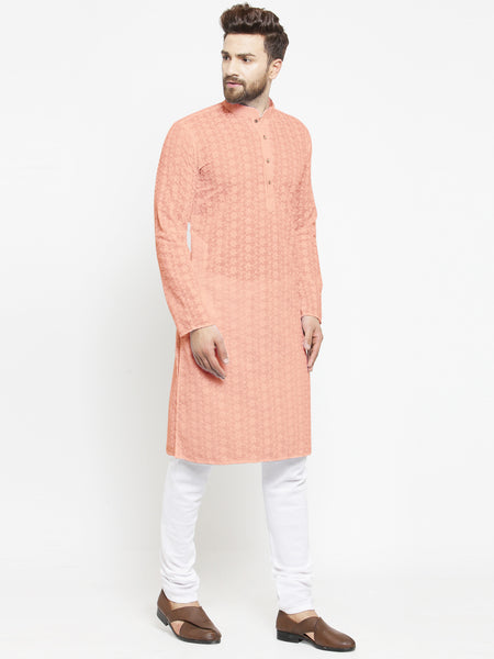 Salmon Pink Chikankari Lucknowi Jaal Embroidered Kurta with Churidar Pajama For Men by Treemoda