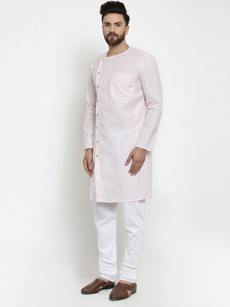 Pink Kurta With Churidar Pajama Set in Linen For Men by Treemoda
